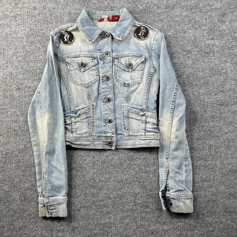Guess Jeans Cropped Trucker Jacket Womens Blue Denim Stretch Long Sleeve - Small
